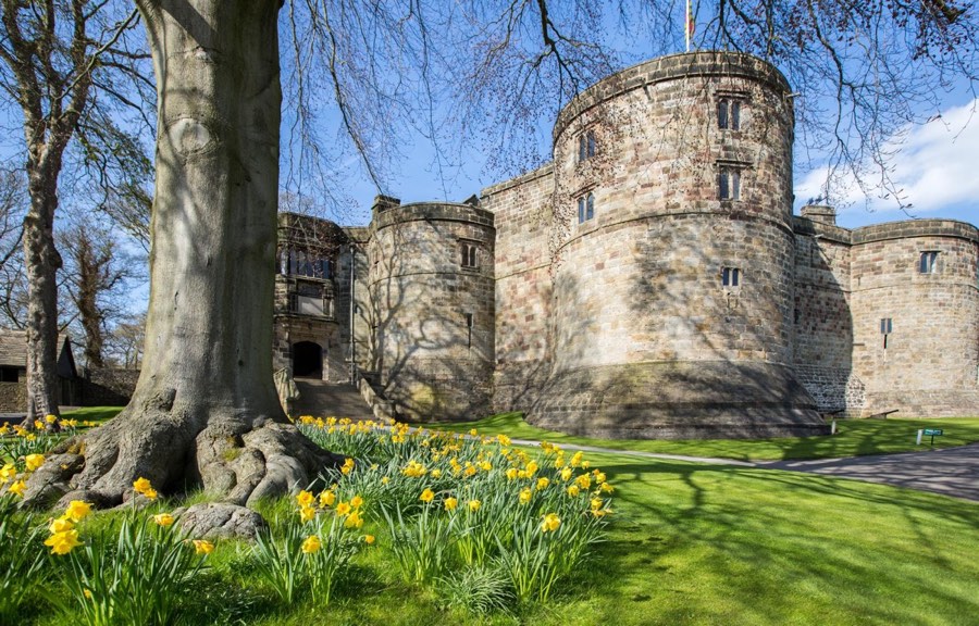 Skipton Castle in spring, a short walk from the mill