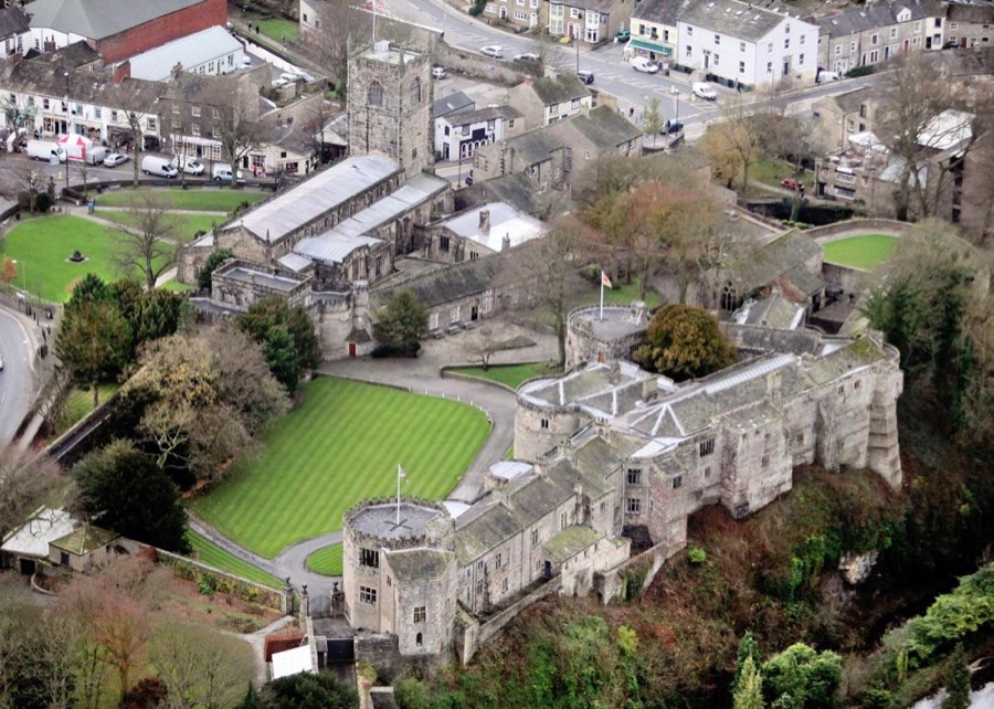 Aerial view of Skipton Castle and the town